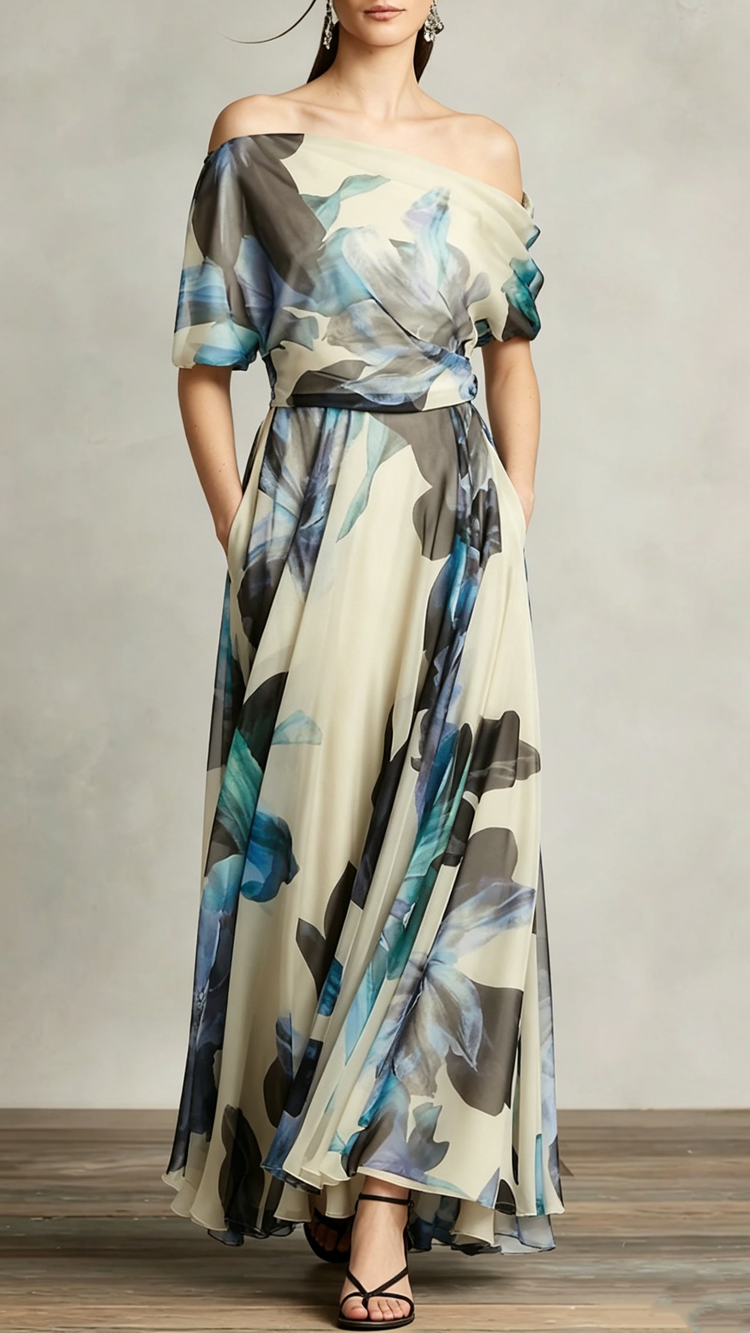 Women's Cotton-Blend Off-Shoulder Floral Maxi Dress for Garden Party Events
