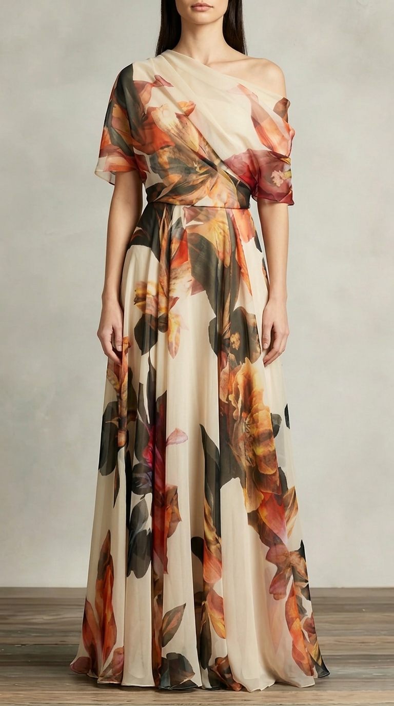 Women's Cotton-Blend Off-Shoulder Floral Maxi Dress for Garden Party Events