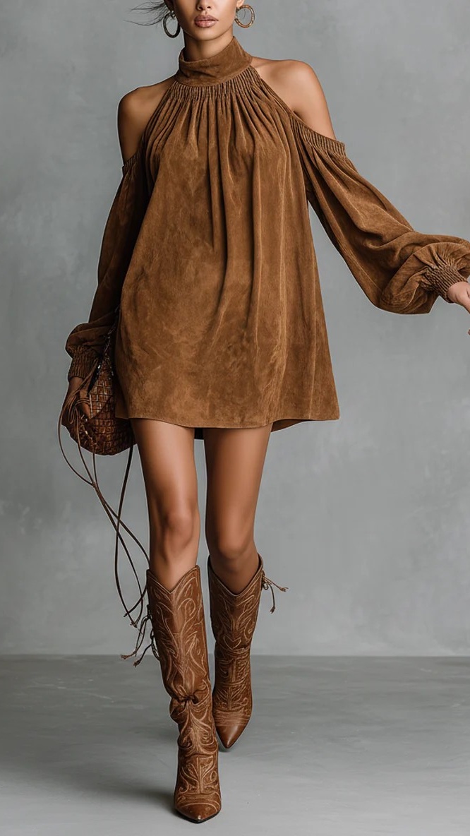 Women's Cotton-Blend Cold Shoulder Halter Mini Dress for Western Rodeo Events