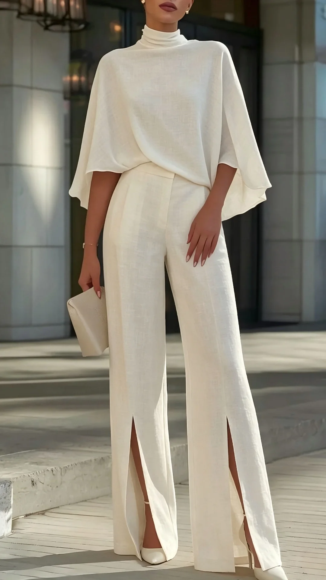 Women's Elegant Mock Neck Shawl Collar Cardigan Top with Slit Wide-Leg Trousers Two-Piece Suit