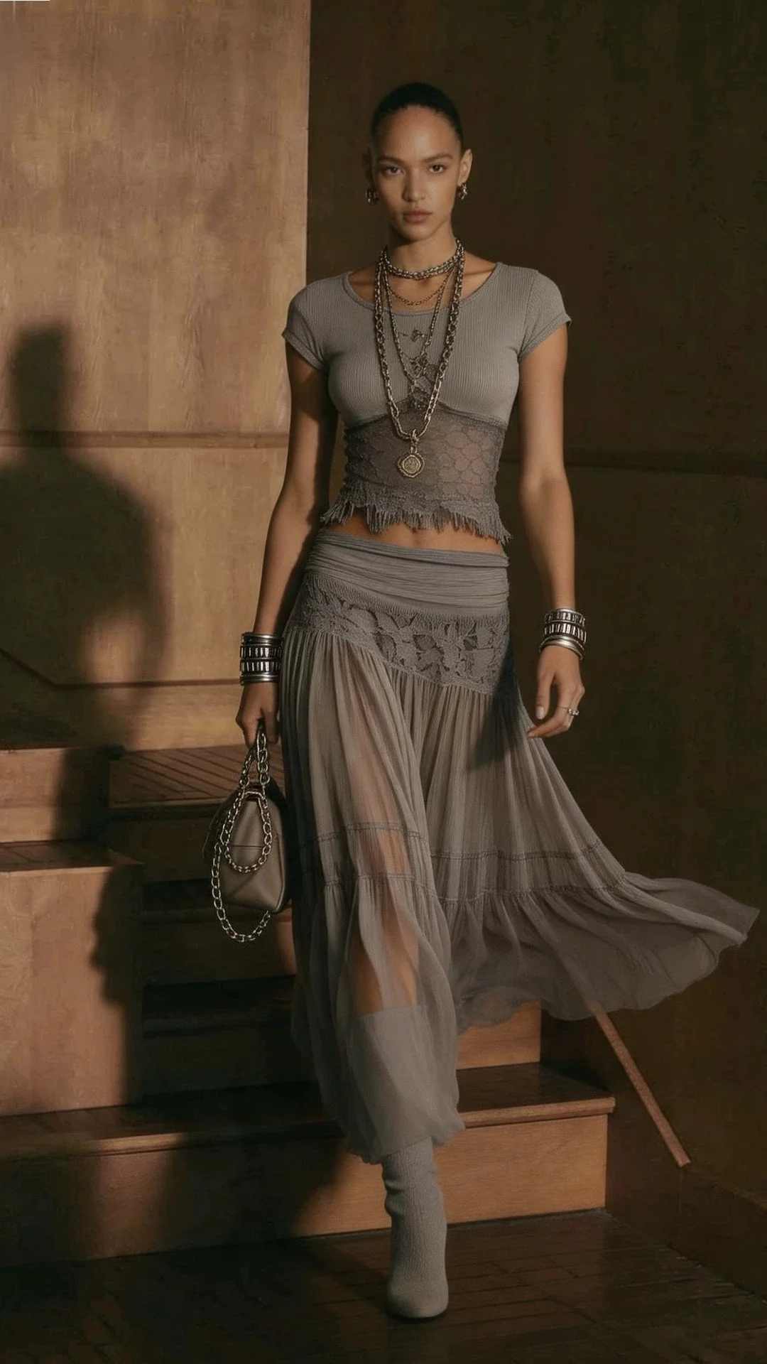 Women's Gray Knit Top & Flowy Chiffon Maxi Dress 2-Piece Outfit Set