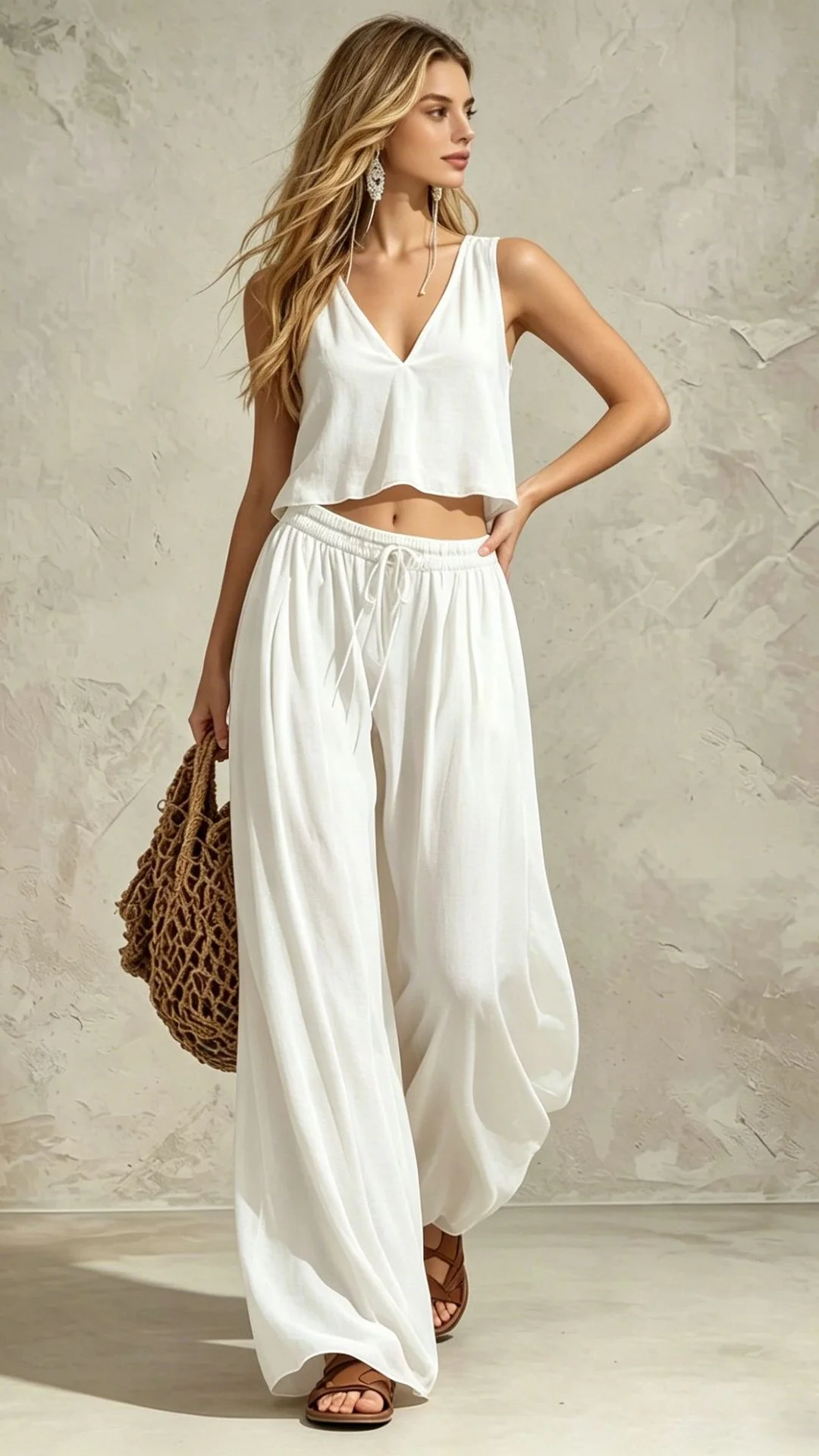 Women's Solid Color V-Neck Sleeveless Cami Top & Wide Leg Pants Casual Set