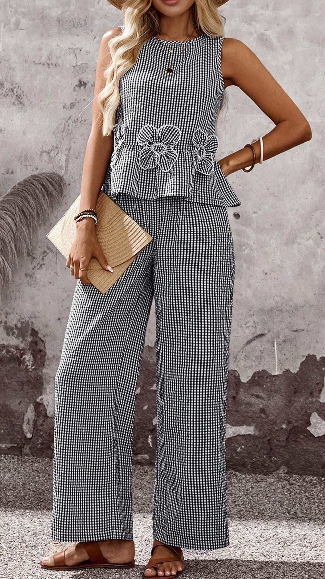 Women's Sleeveless Gingham Peplum Top & Wide Leg Pants Polyester Set