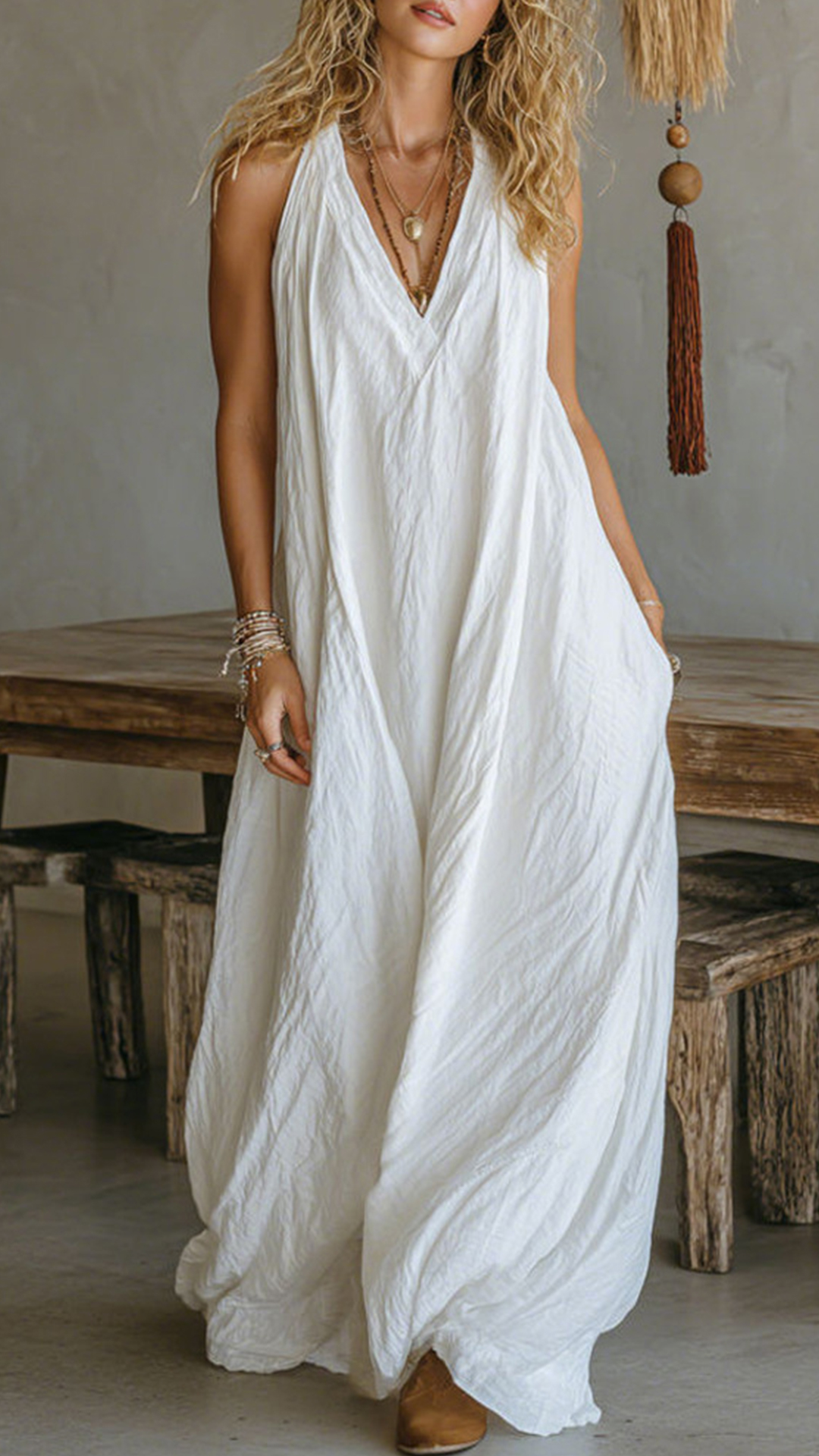 Women's Halter V-Neck Linen-Blend Maxi Dress