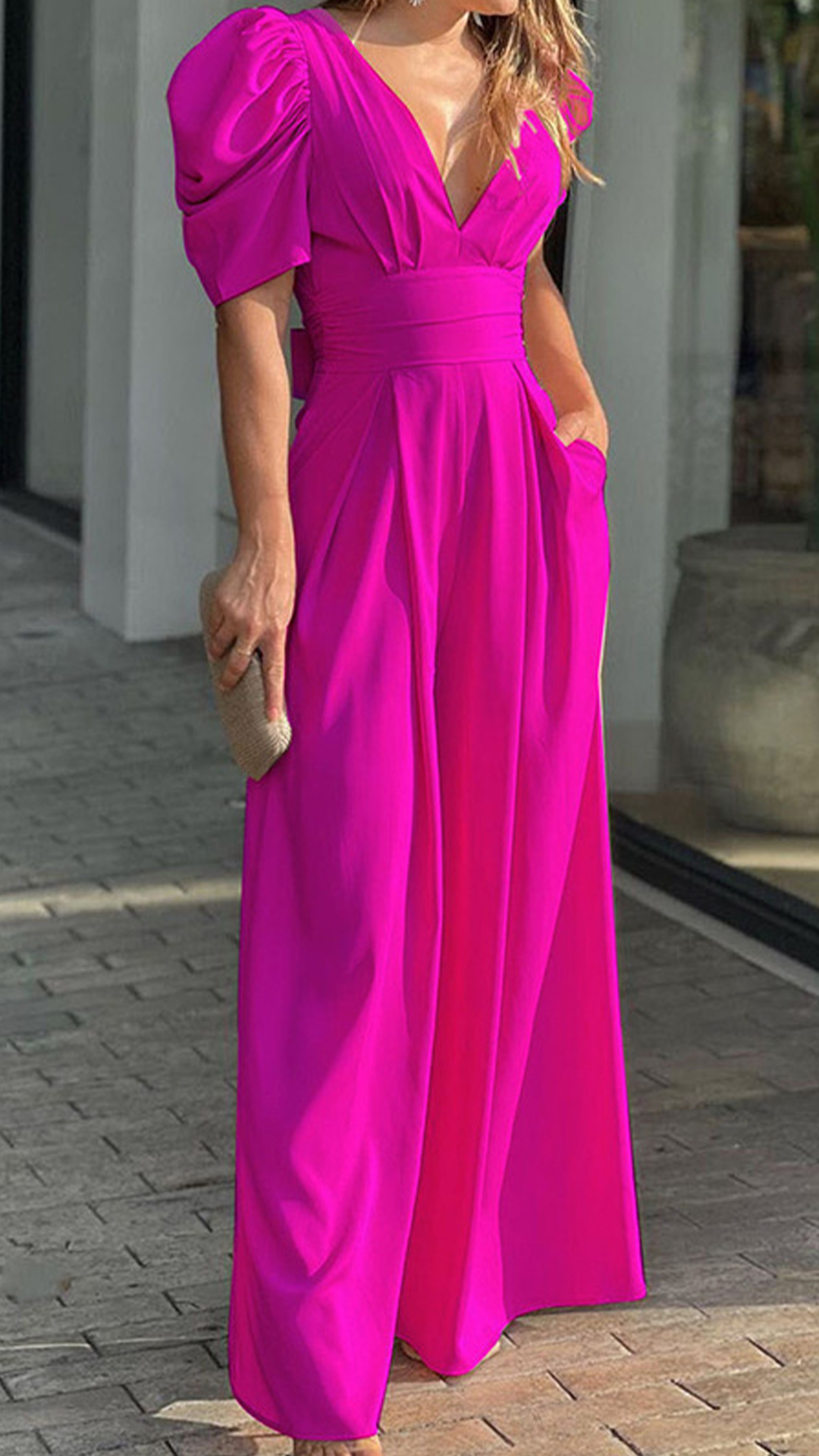 Women's V-Neck Puff Sleeve Jumpsuit