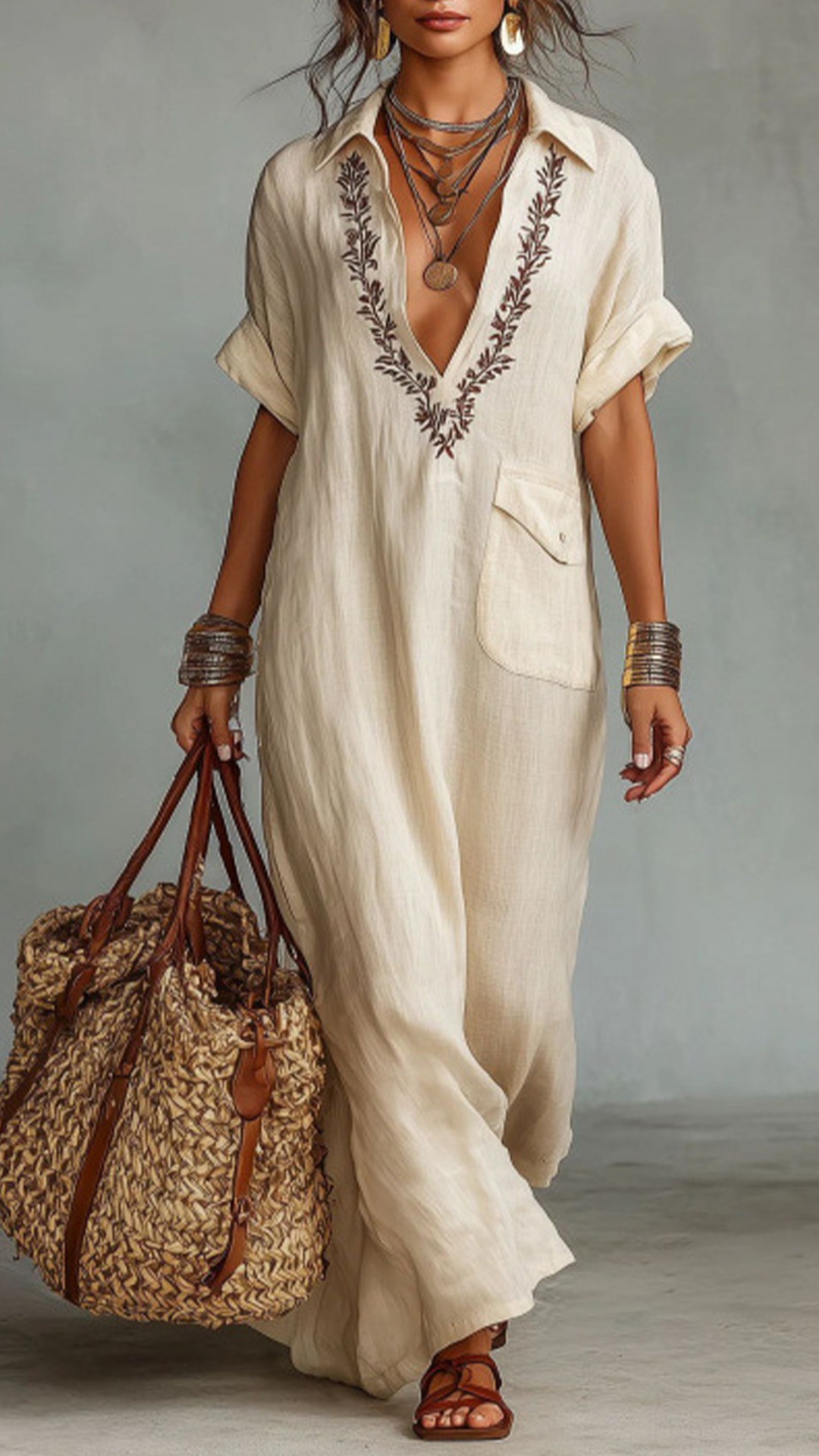 Embroidered V-Neck Loose Cotton Linen Shirt Maxi Dress