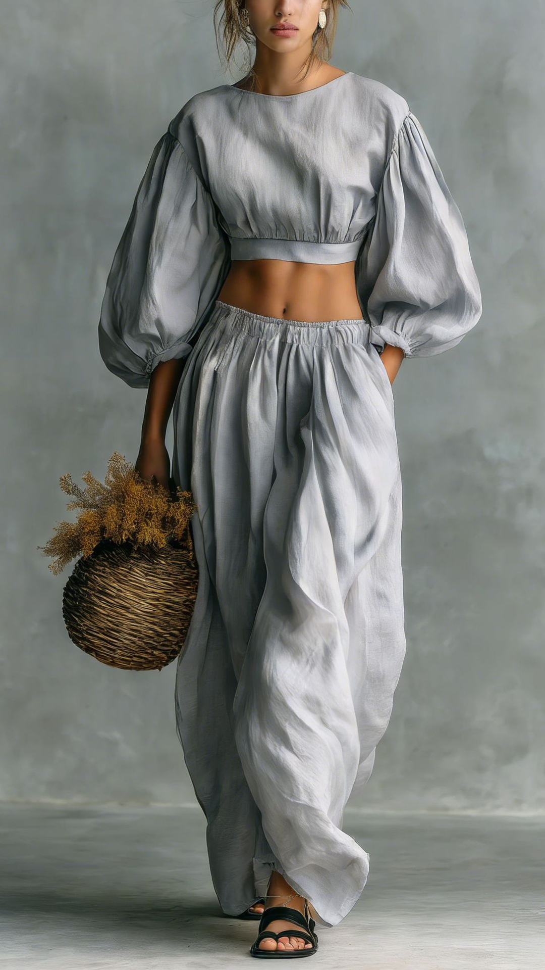 Women's Puff-Sleeve, Waist-Cinching, Wide-Leg Two-Piece Set