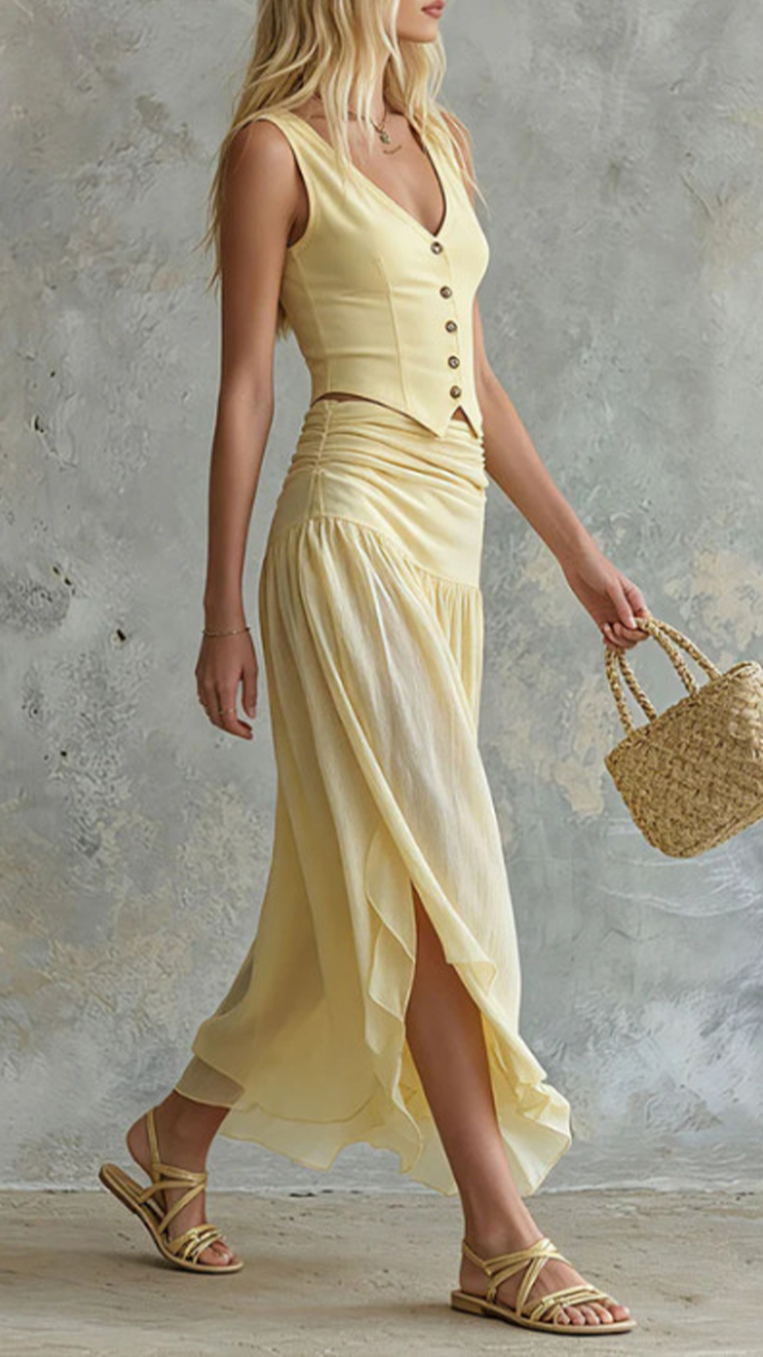 Women's Cotton-blend V-neck Buttoned Ruched Midi Skirt Set