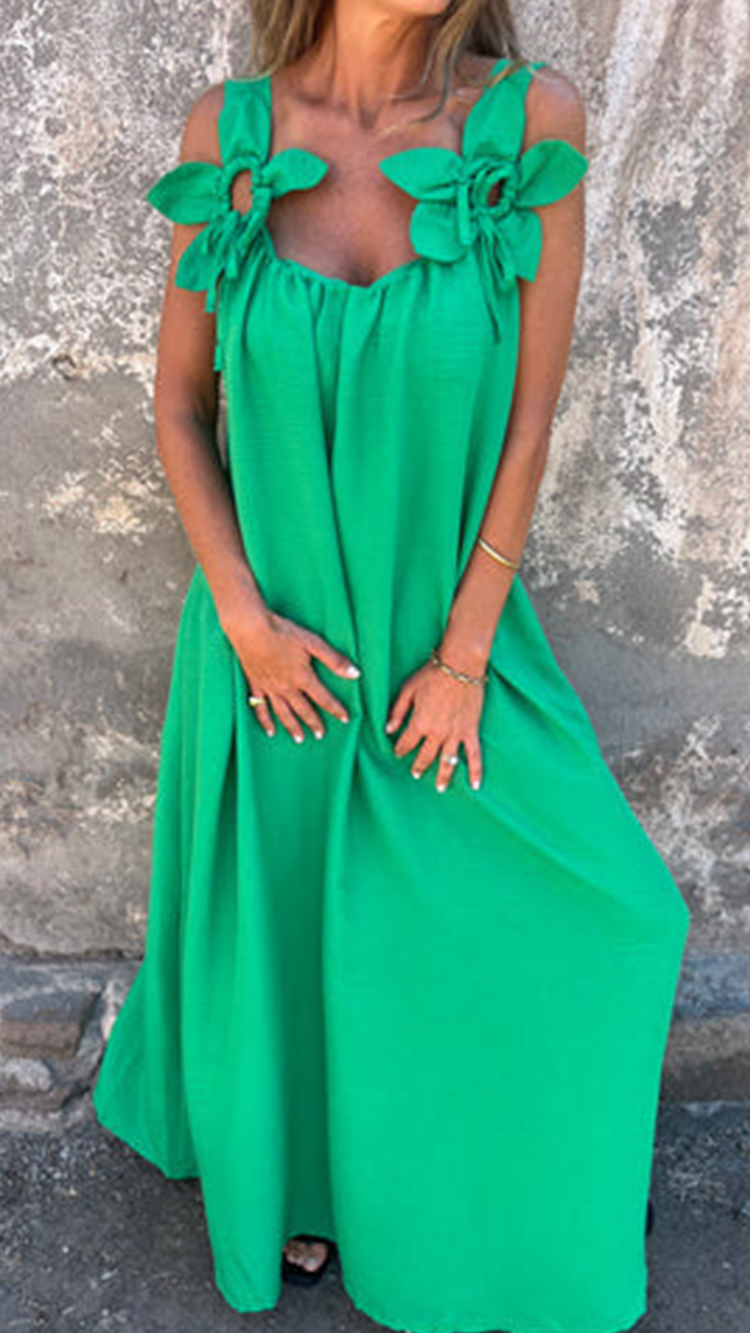 Women's Light Apricot Oversized Sleeveless Maxi Dress With Shoulder Bows
