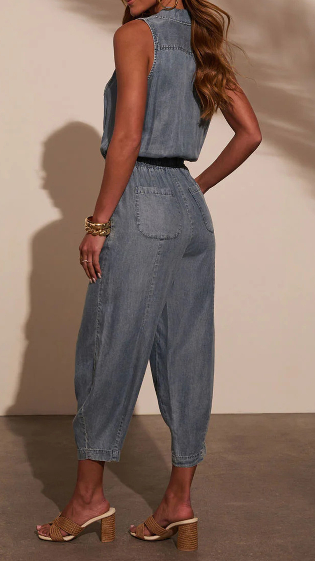 Women's Sleeveless Lapel Denim Waist‑Cinch Cropped Jumpsuit