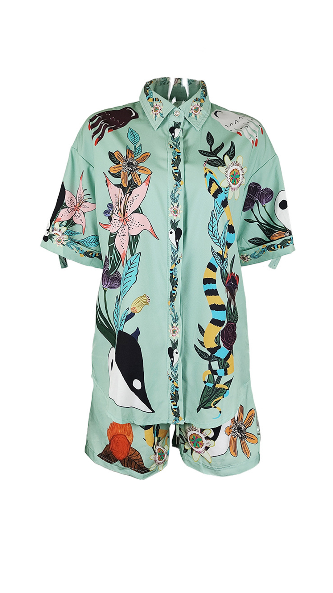 Women's Mint‑Green Floral‑Print Collared Short‑Sleeve Shirt & Shorts Set