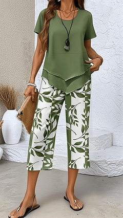 Women‘s Irregular Hem Printed Loose Short Sleeve Two-Piece Set