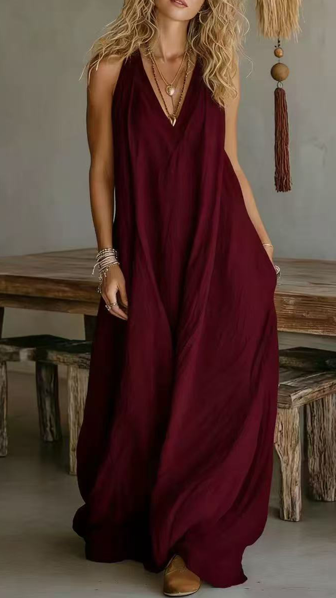Women's Halter V-Neck Linen-Blend Maxi Dress