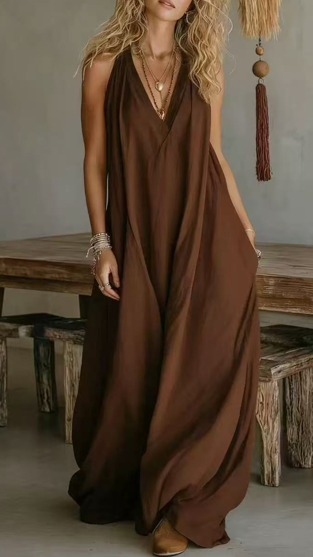 Women's Halter V-Neck Linen-Blend Maxi Dress