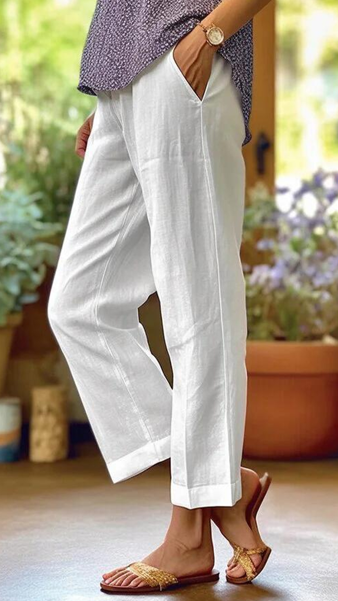 Women's Cotton-linen Solid Color Elastic Waist Pockets Straight Leg Loose-fit Casual Trousers