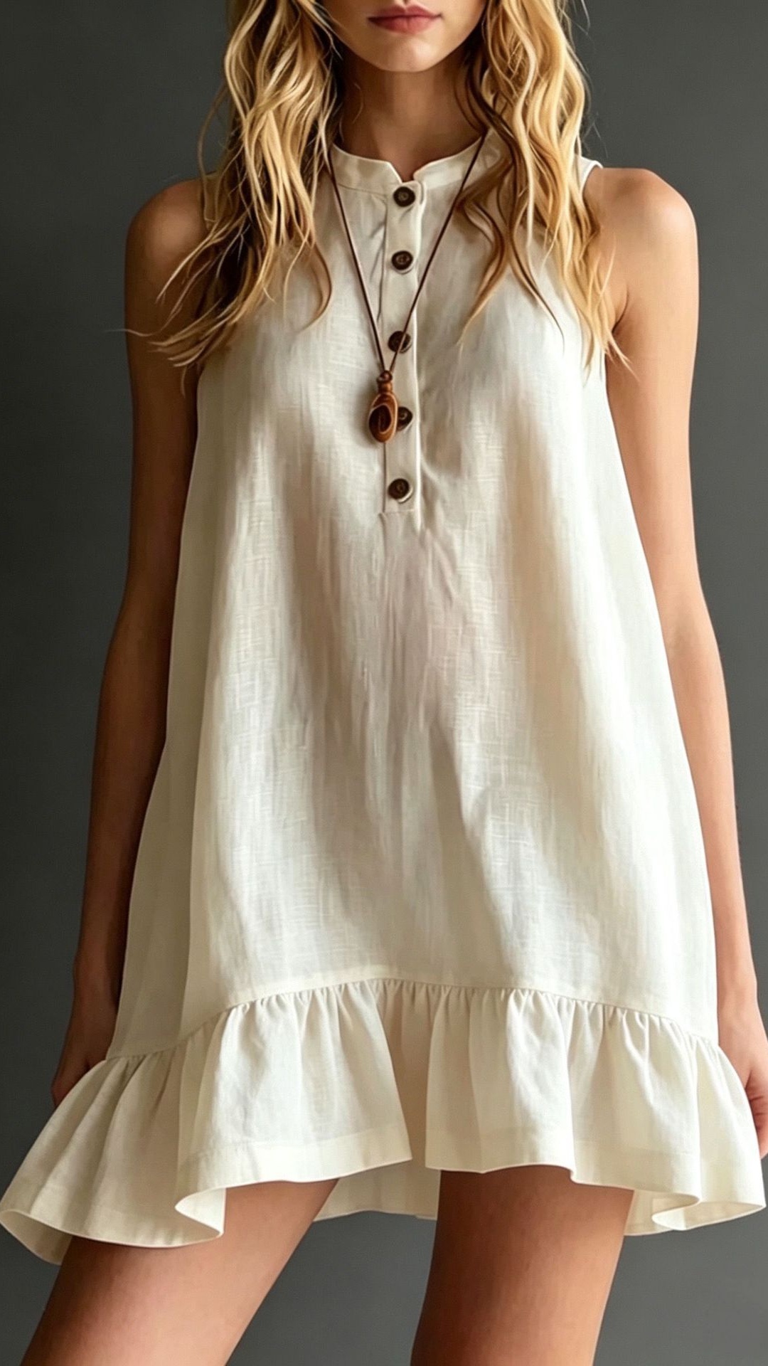 Women's Solid-Color Cotton-Linen Dress: Elegant Stand Collar, Sleeveless, with Ruffles