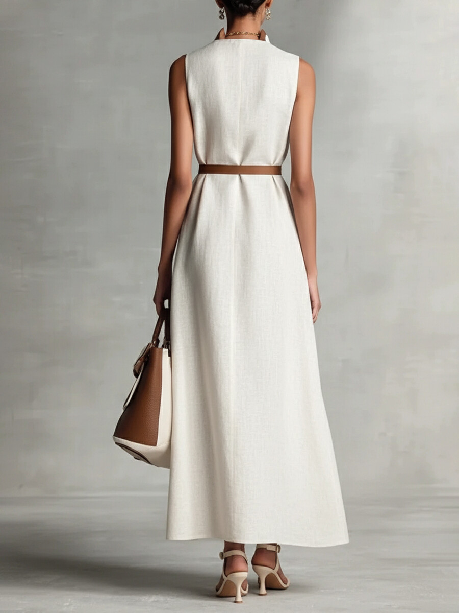 Daily White Colorblock Stand-Up Collar Pocket Boho Contrast Linen Maxi Dresses