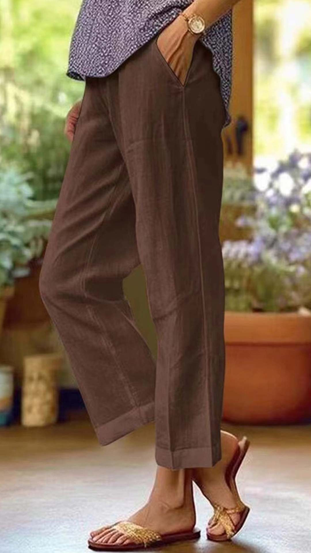 Women's Cotton-linen Solid Color Elastic Waist Pockets Straight Leg Loose-fit Casual Trousers