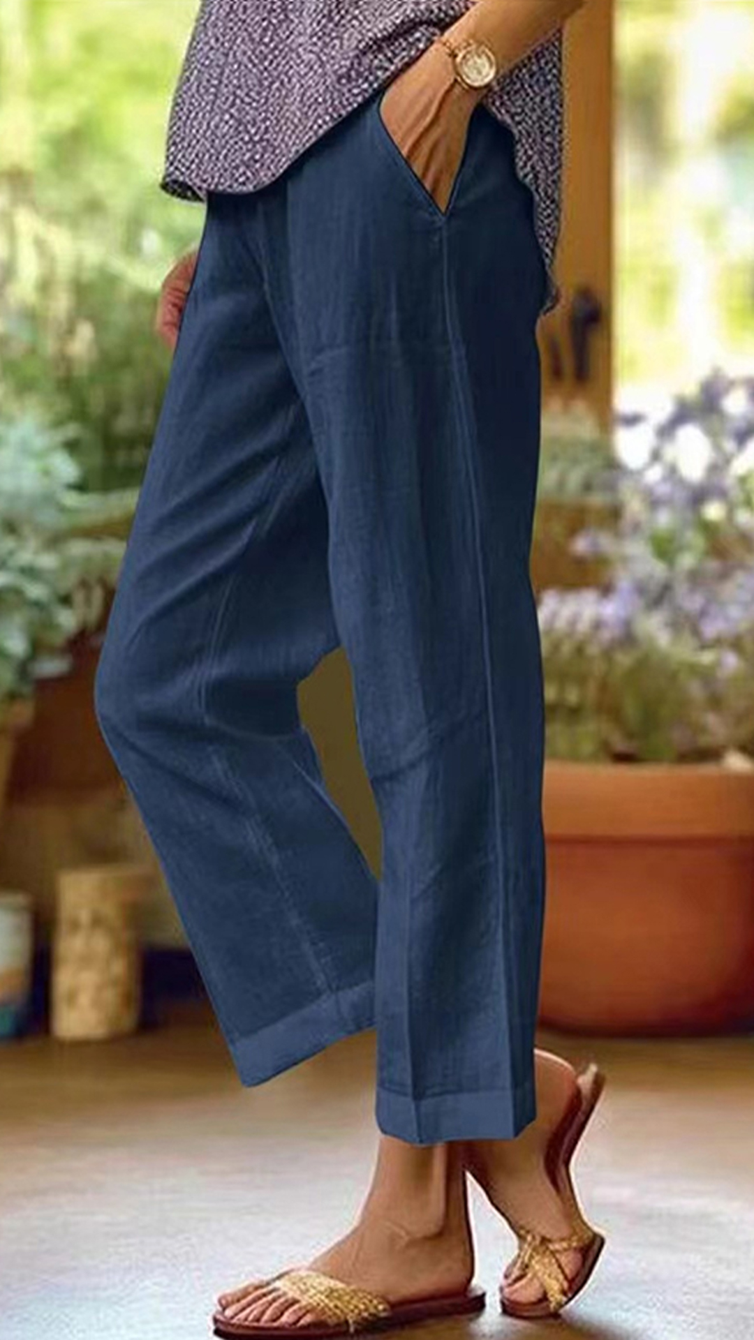 Women's Cotton-linen Solid Color Elastic Waist Pockets Straight Leg Loose-fit Casual Trousers