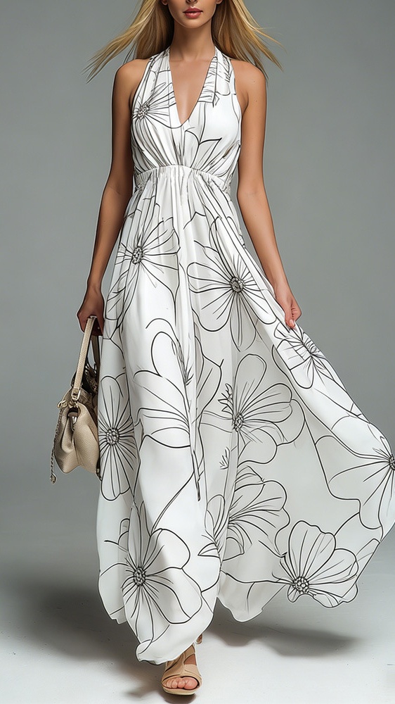 Women's V-neck halter neck printed casual dress