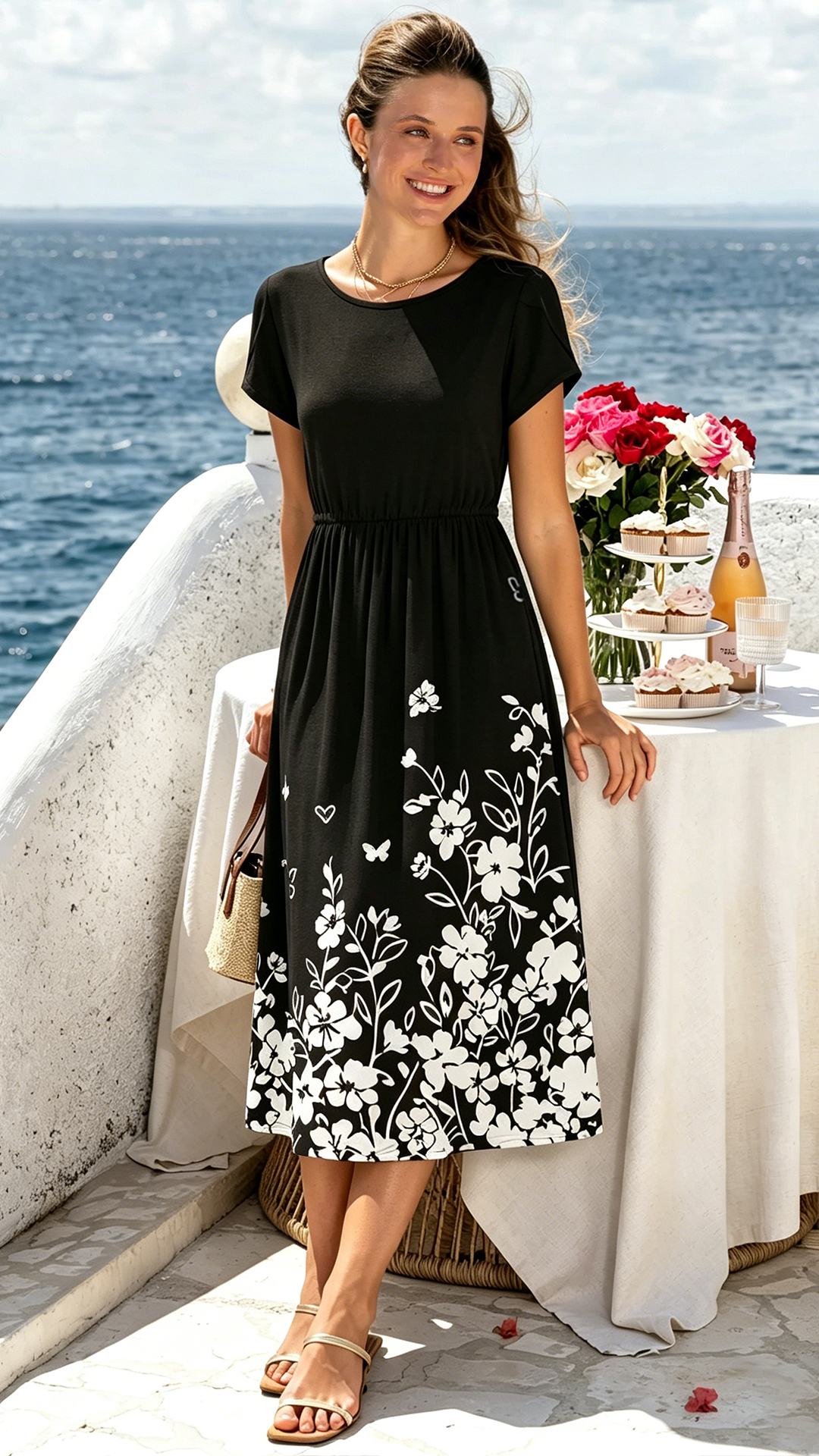 Elegant Short-Sleeve Timeless Black & White Floral Midi Dress with Floral Pattern