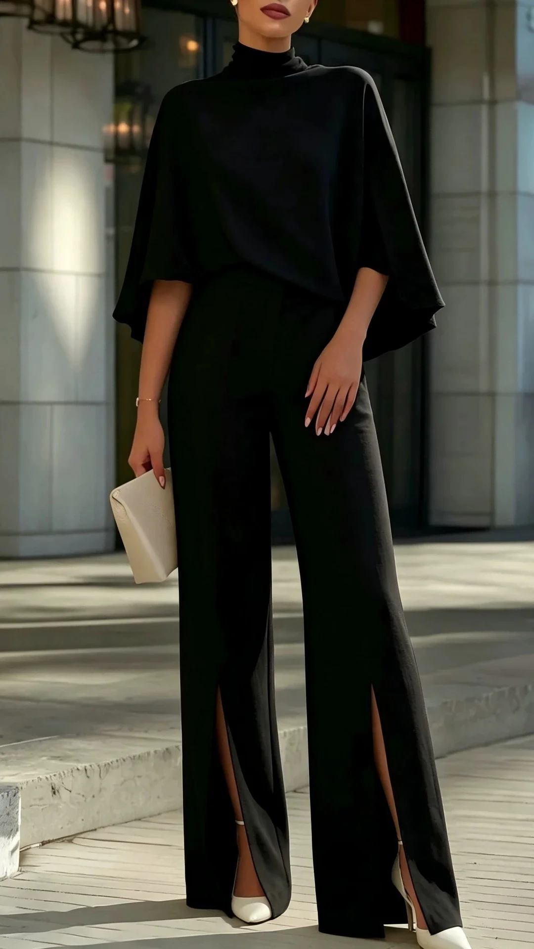 Women's Elegant Mock Neck Shawl Collar Cardigan Top with Slit Wide-Leg Trousers Two-Piece Suit