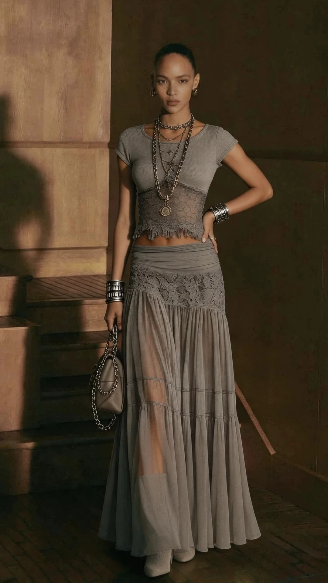 Women's Gray Knit Top & Flowy Chiffon Maxi Dress 2-Piece Outfit Set