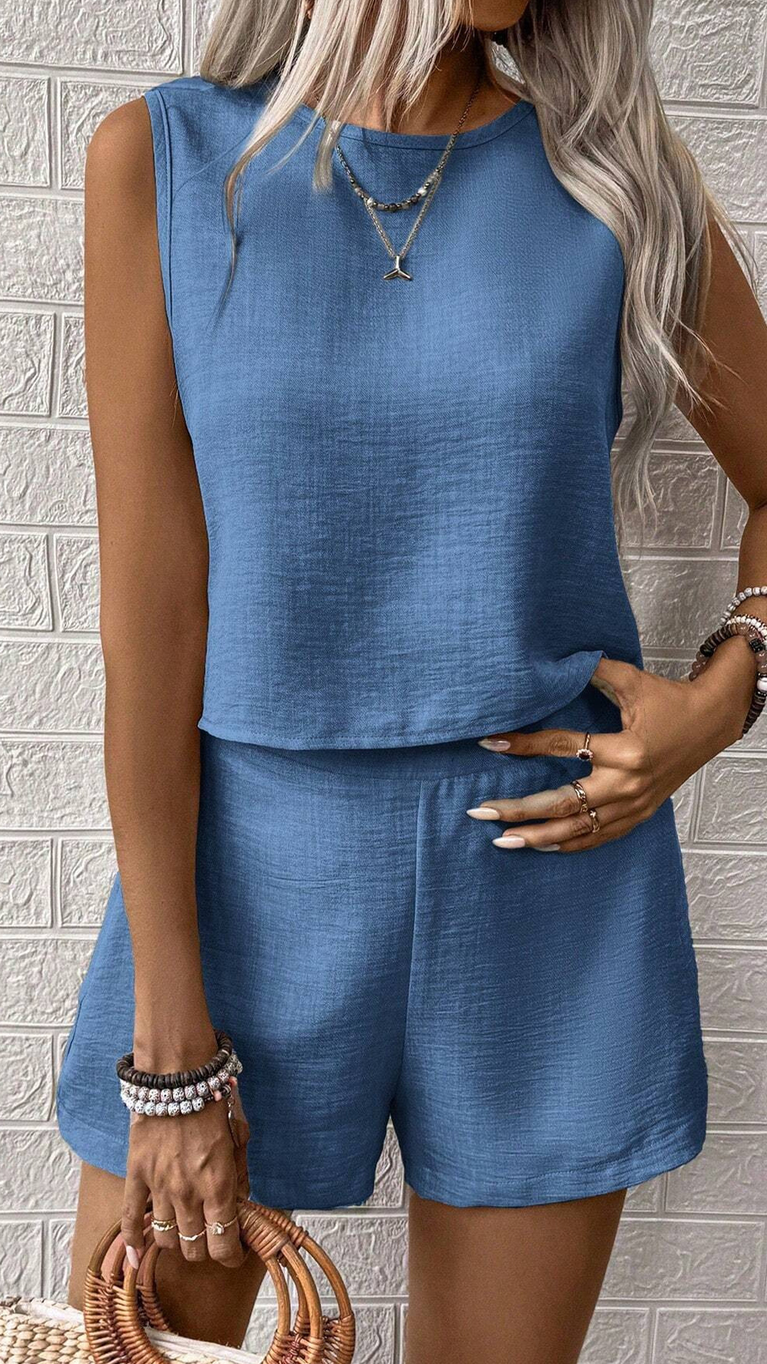 2025 Cross-Border Amazon European And American Solid Color Imitation Cotton And Linen Sleeveless Vest Shorts Casual Fashion Two-Piece Suit For Women