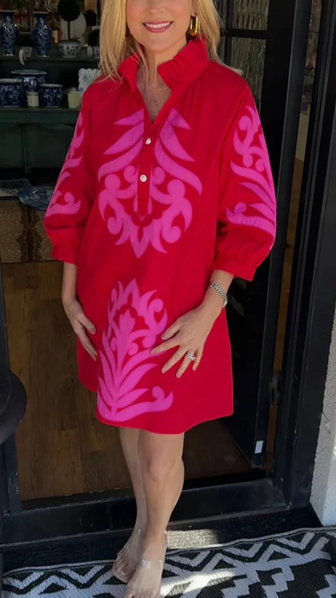 Women's Stand Collar 3/4 Sleeve Printed Loose Shirt Mini Dress