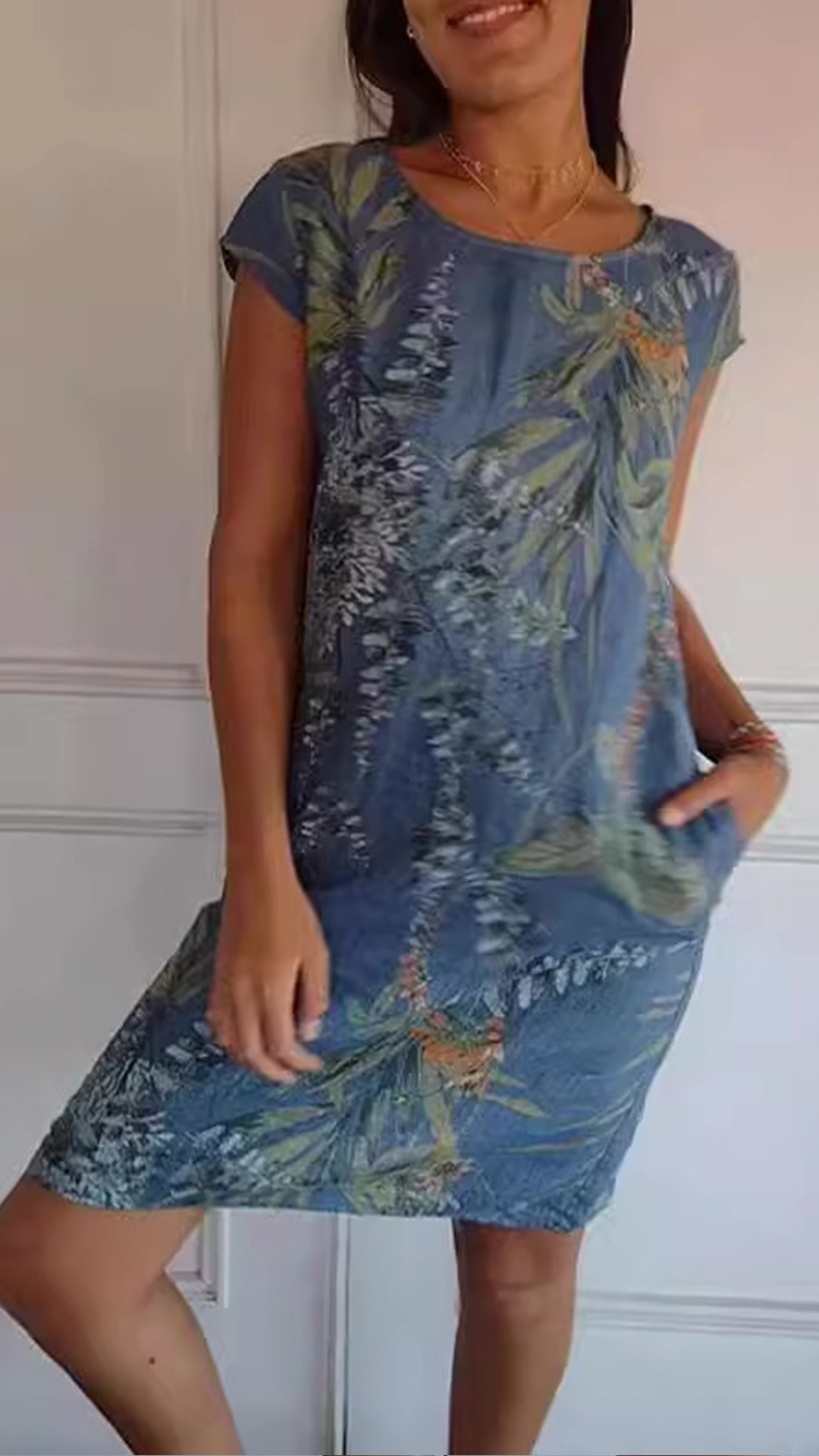 [Copy]Women's Blue and White Porcelain Print V-Neck Loose Ruffled Midi Dress