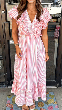 Women's Ruffled V-Neck Striped Loose Maxi Dress