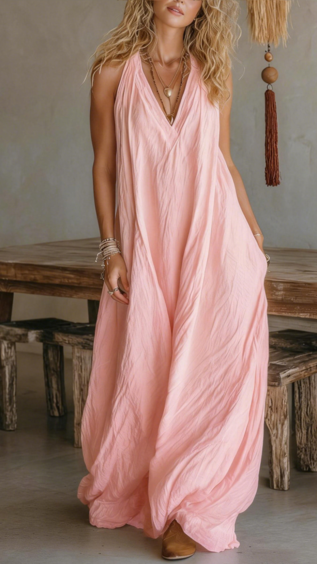 Women's Halter V-Neck Linen-Blend Maxi Dress