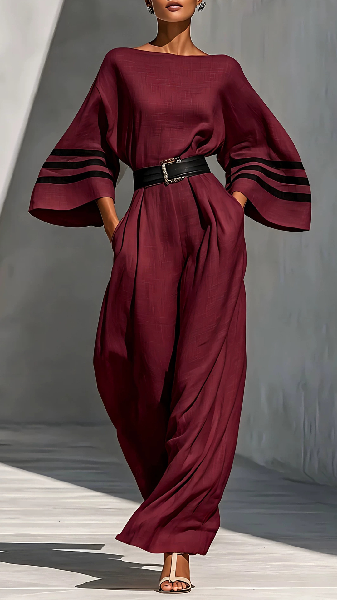 Women's Cotton-blend Striped Waist-cinching Wide-leg Jumpsuit