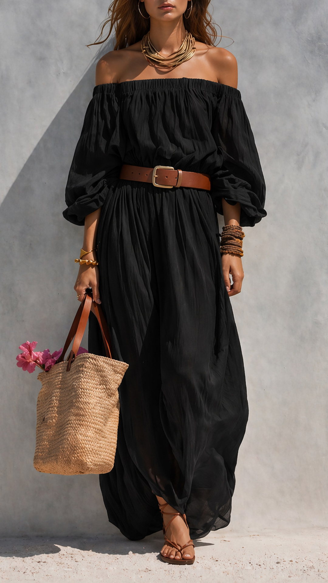 Women's Cotton‑blend Off‑the‑Shoulder Puff‑Sleeve Belted Wide‑Leg Jumpsuit