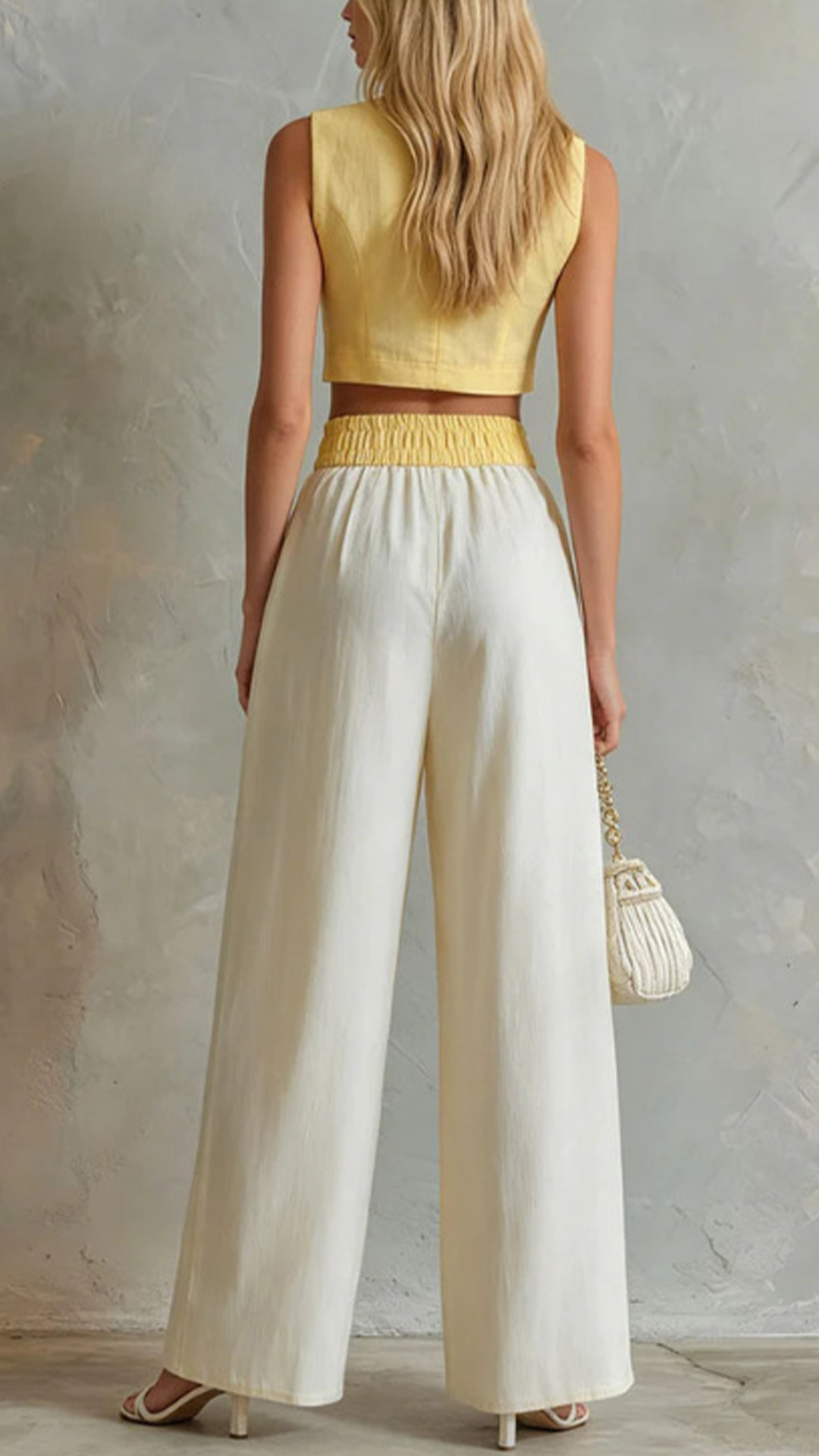 Women's Cotton‑blend V‑Neck Button‑Front Vest Elastic‑Waist Wide‑Leg Pant Set
