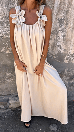 Women's Light Apricot Oversized Sleeveless Maxi Dress With Shoulder Bows