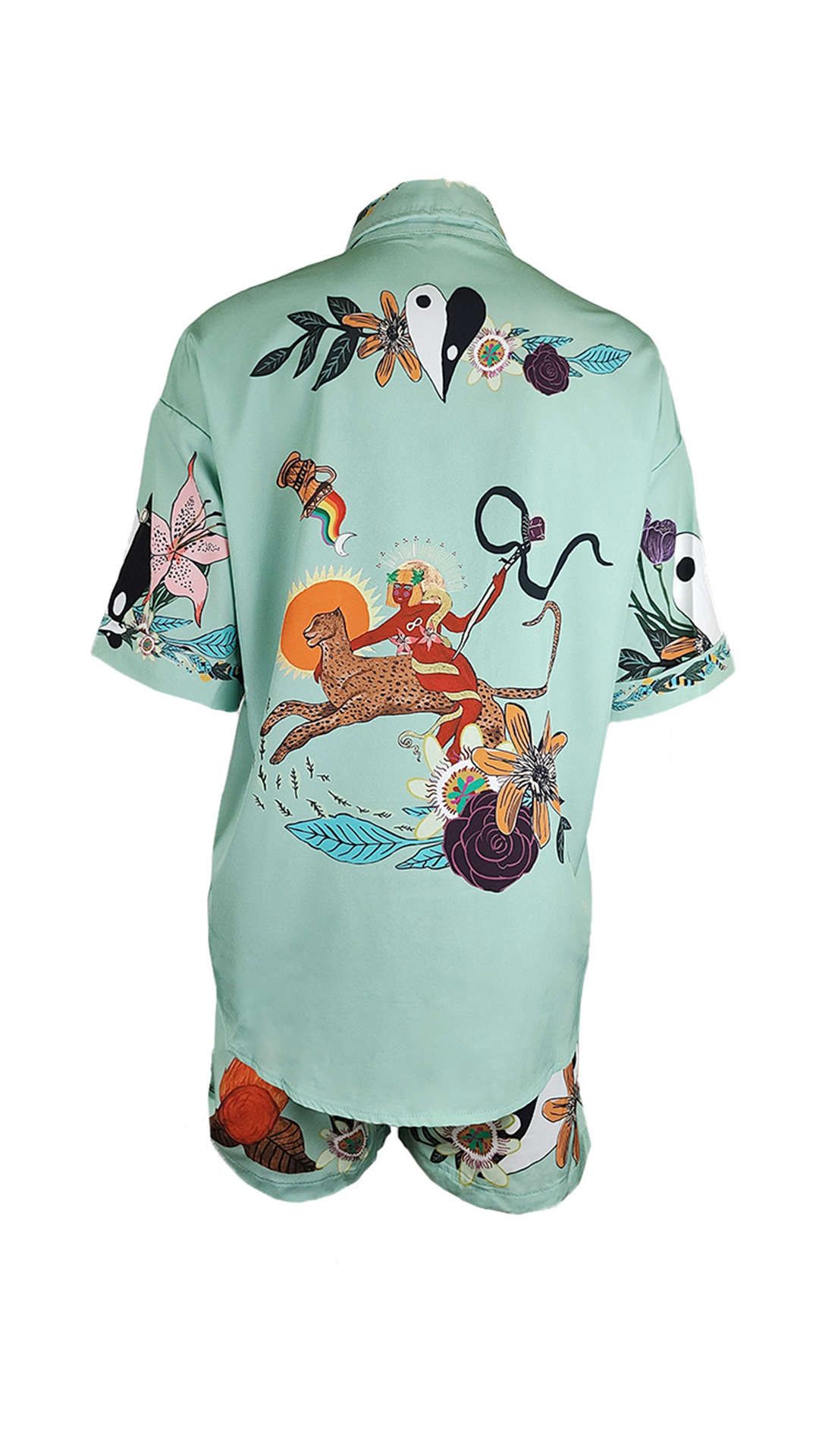 Women's Mint‑Green Floral‑Print Collared Short‑Sleeve Shirt & Shorts Set