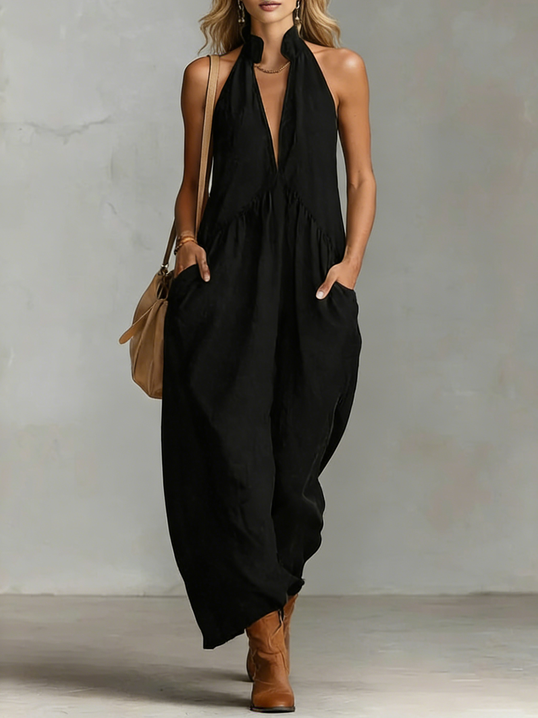 Minimalist Halter Maxi Dress — Casual, Loose-Fit Dress with Pockets