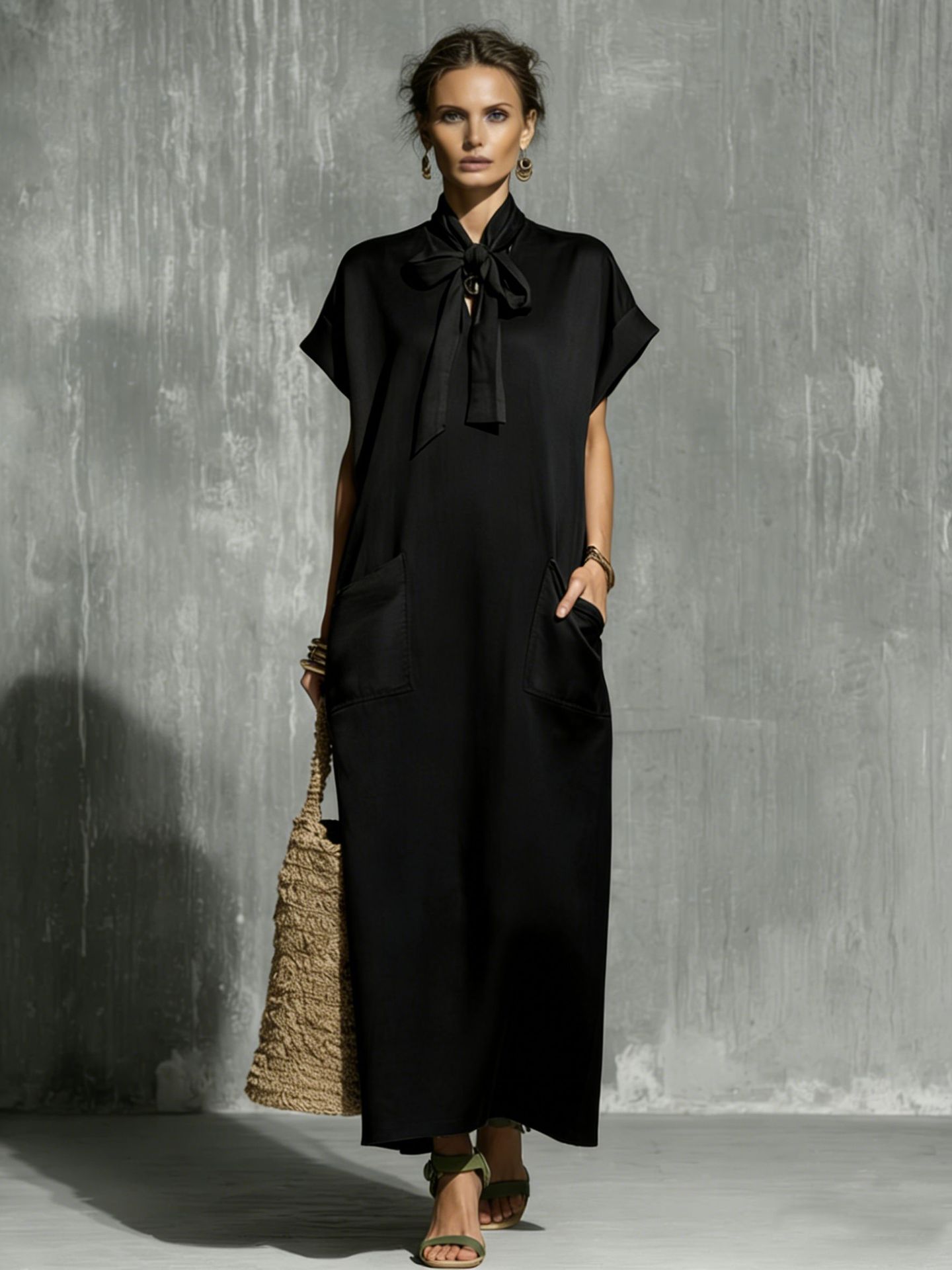 Women's Solid-color V-neck Short-sleeve Casual Loose Cotton-linen Dress