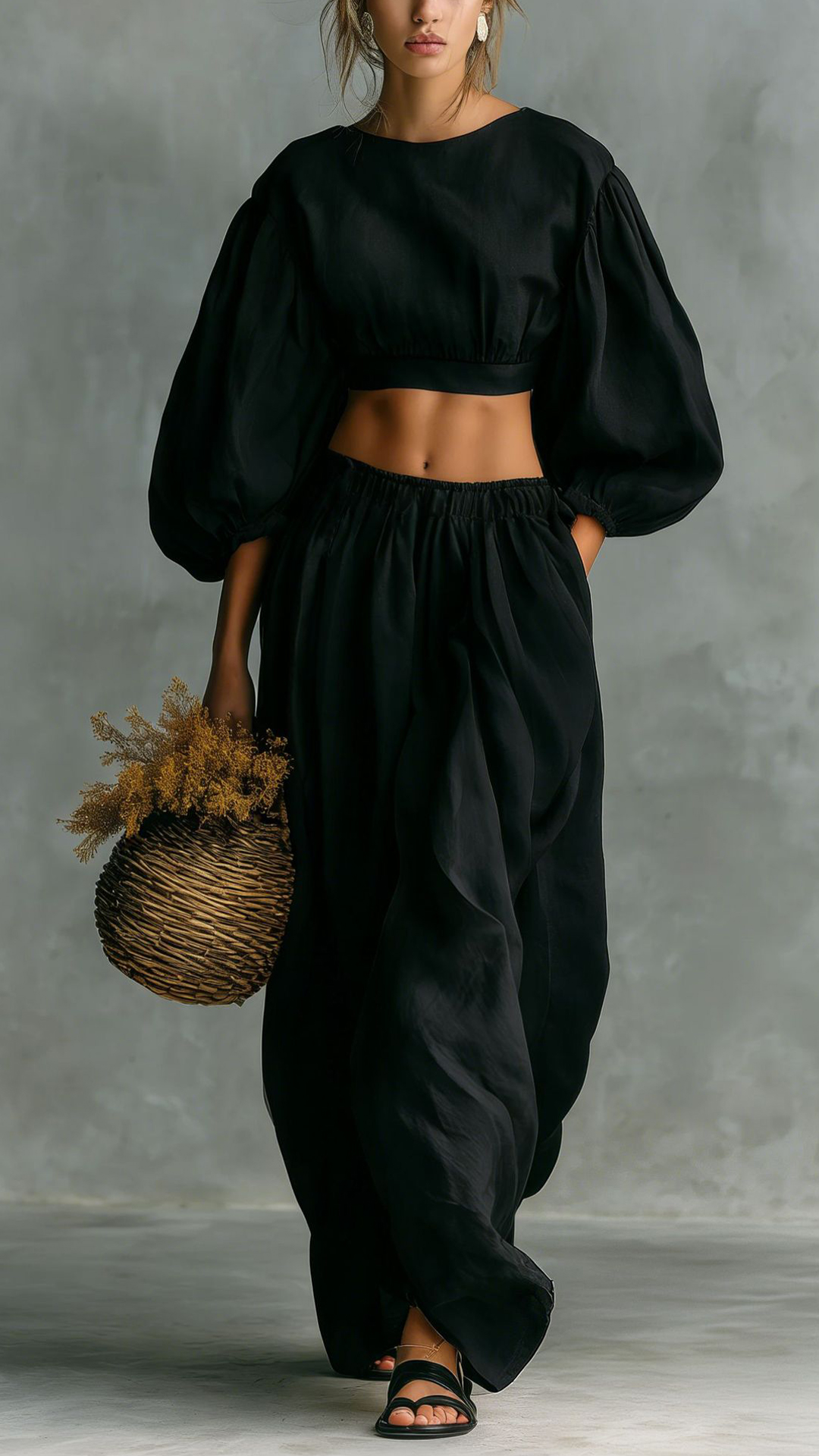 Women's Puff-Sleeve, Waist-Cinching, Wide-Leg Two-Piece Set