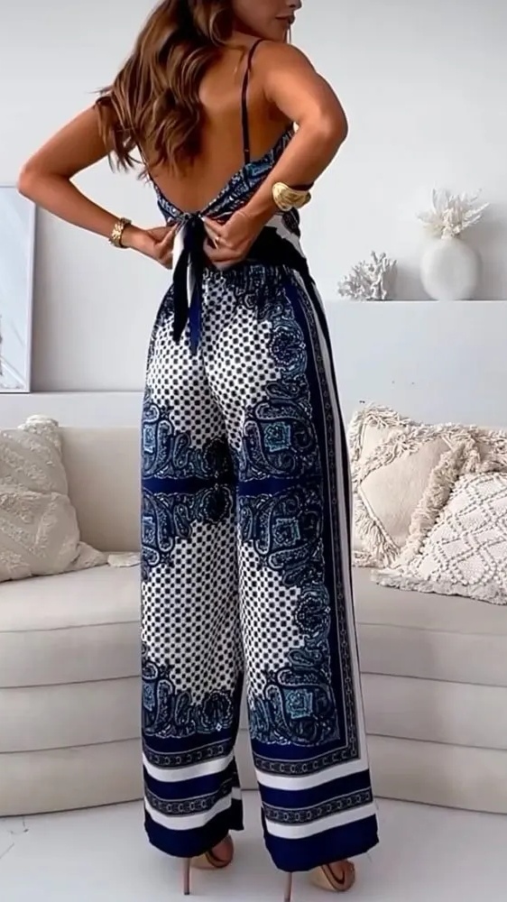 Women's Fashion Two-Piece Set: Printed Spaghetti Strap Bandeau Top + Allover-Print Trousers