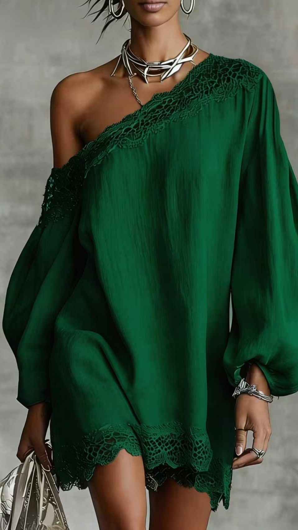 Women's solid color lace trim off-shoulder long-sleeved dress