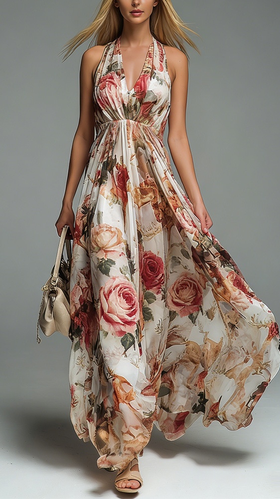 Women's V-neck halter neck printed casual dress