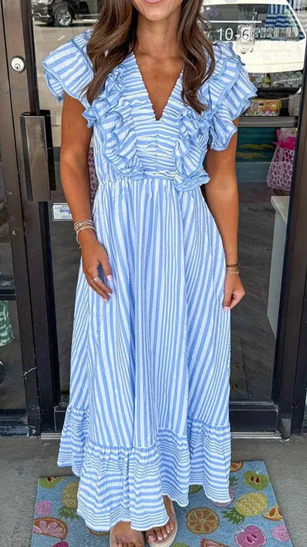 Women's Ruffled V-Neck Striped Loose Maxi Dress