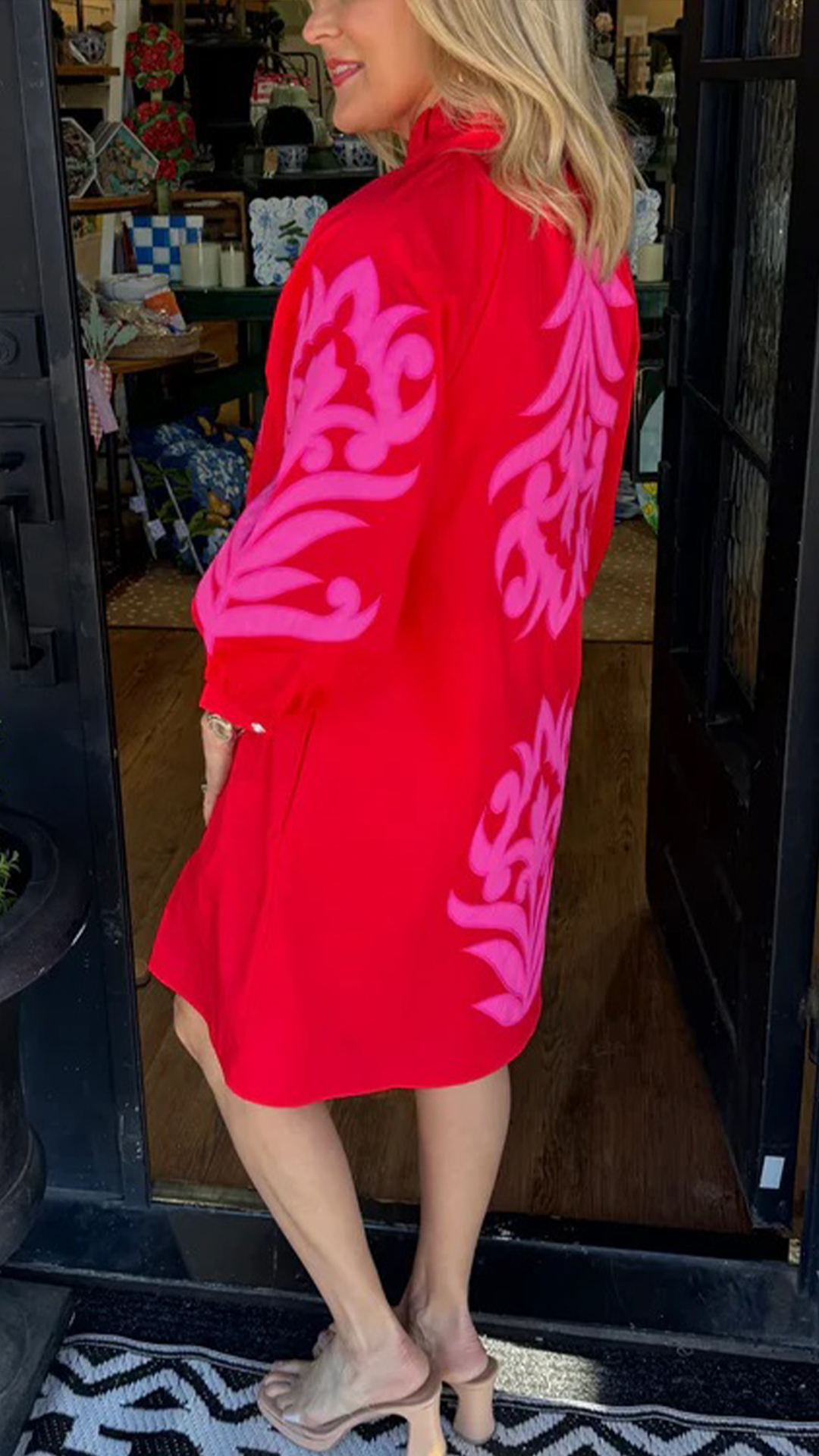 Women's Stand Collar 3/4 Sleeve Printed Loose Shirt Mini Dress