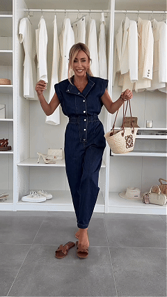 Women's Stand Collar Sleeveless Denim Waist-Cinched Loose Jumpsuit