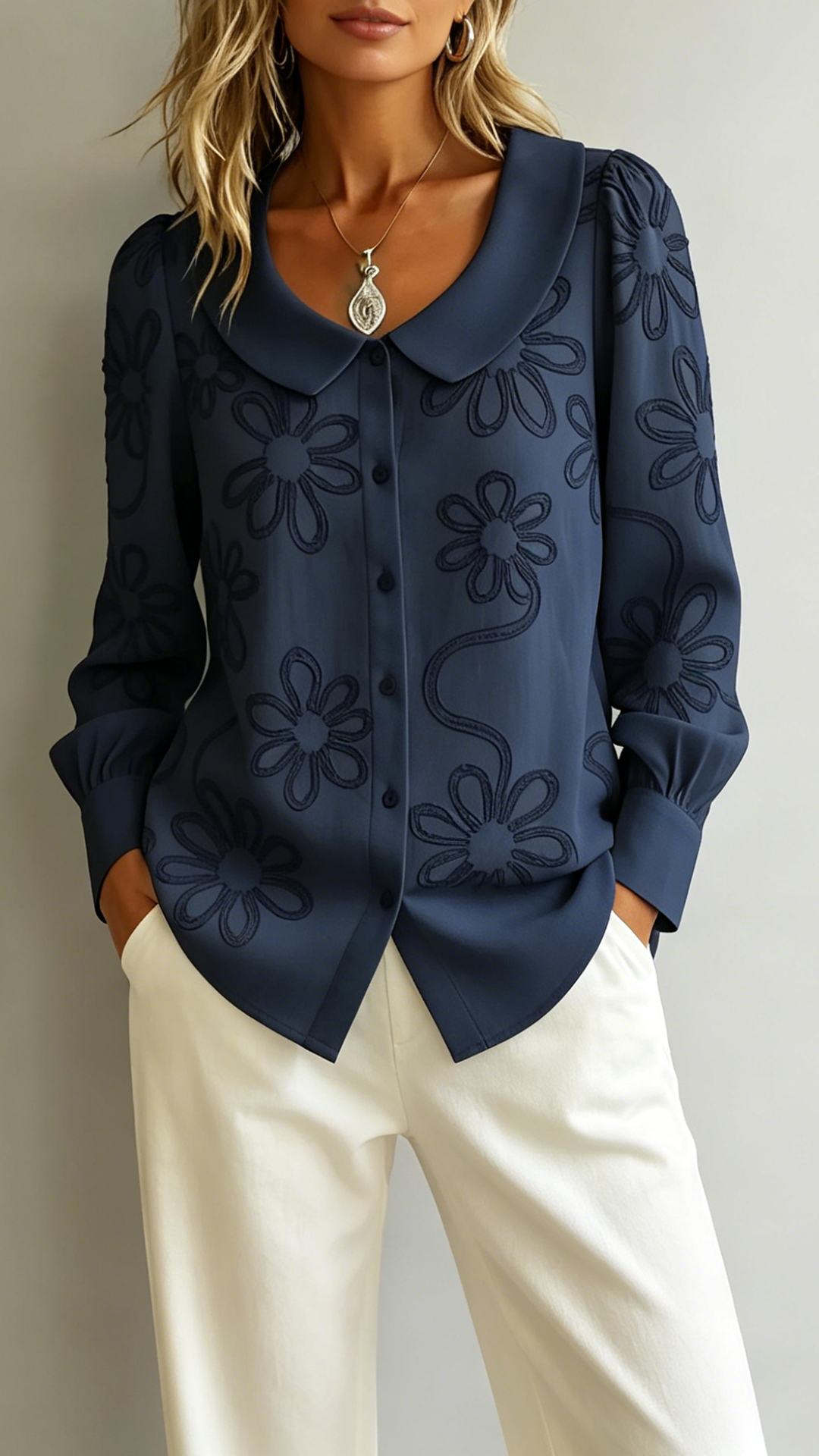 Women's Doll Collar Printed Polyester Blouse