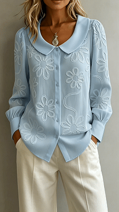 Women's Doll Collar Printed Polyester Blouse