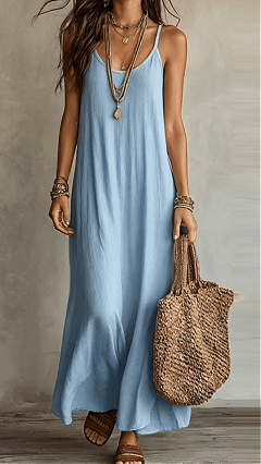 Women's Cotton‑blend Thin‑Strap U‑Neck Loose Maxi Dress