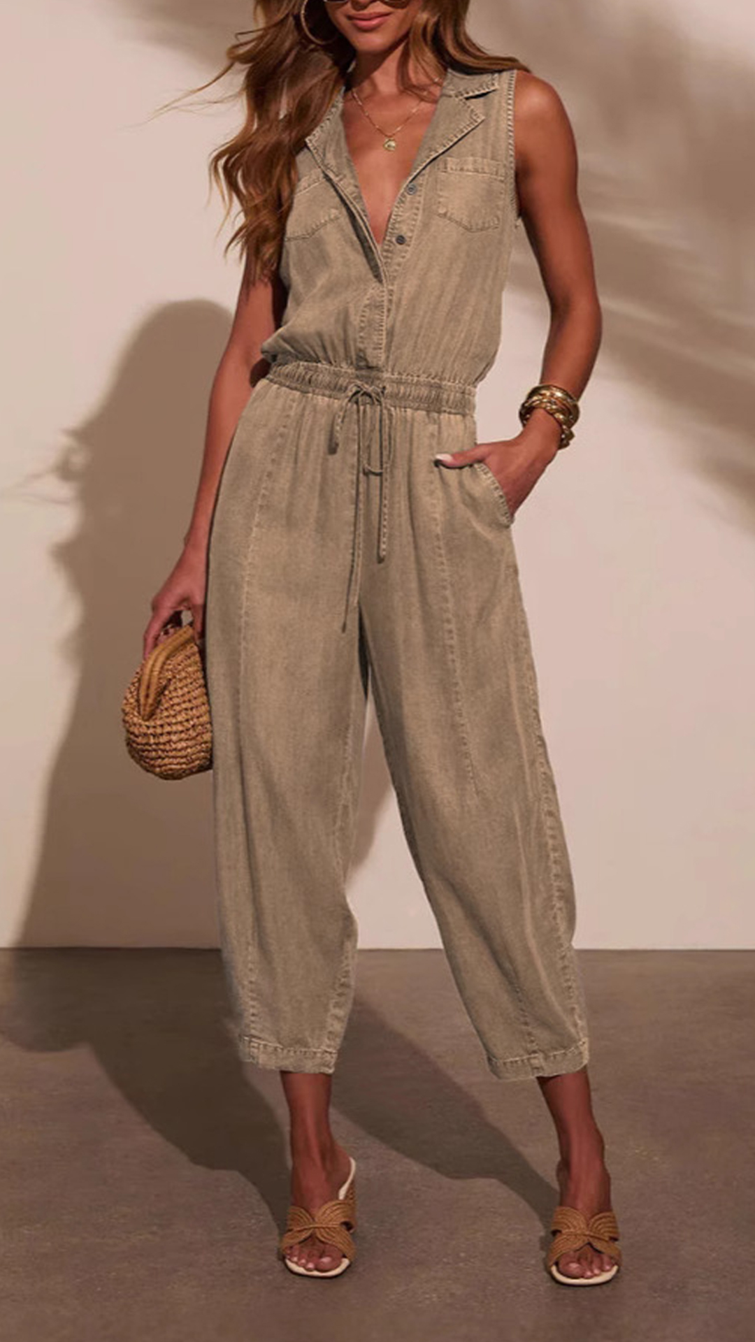 Women's Sleeveless Lapel Denim Waist‑Cinch Cropped Jumpsuit